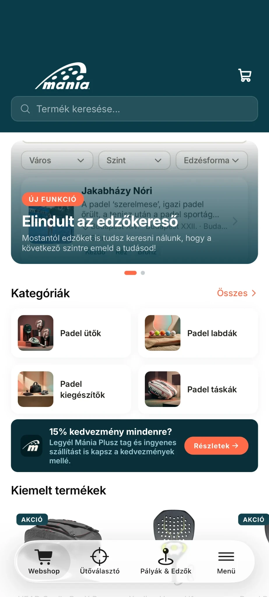 A Padel Mánia alkalmazás főképernyője
