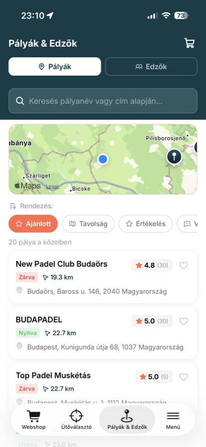 Pálya- és edzőkereső képernyő