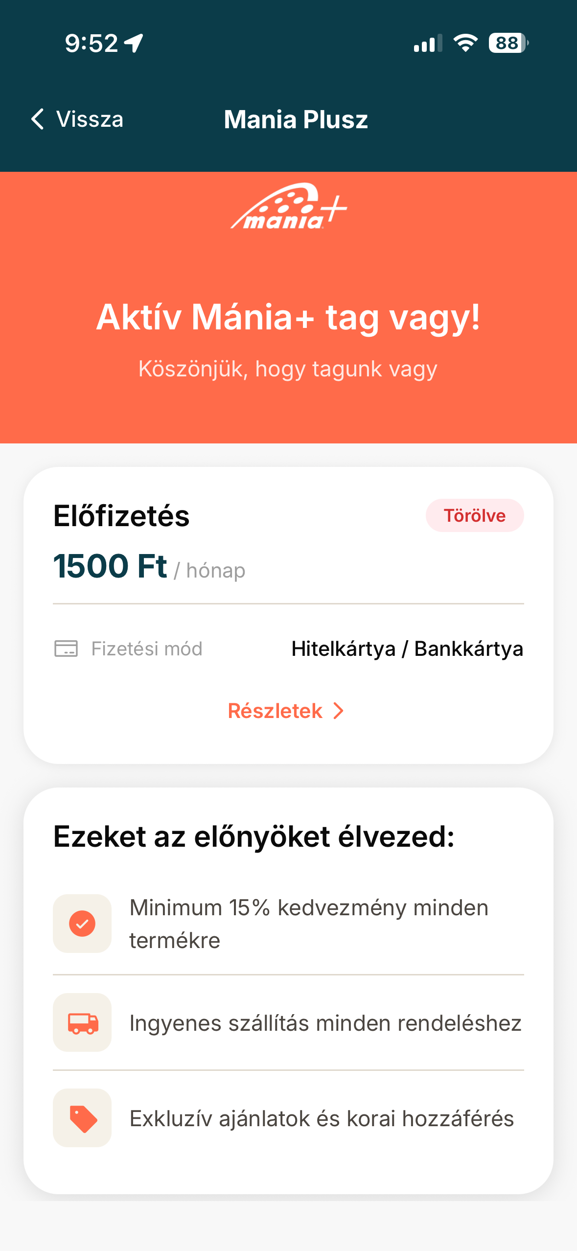 A Mánia Plusz tagság állapota a profilban
