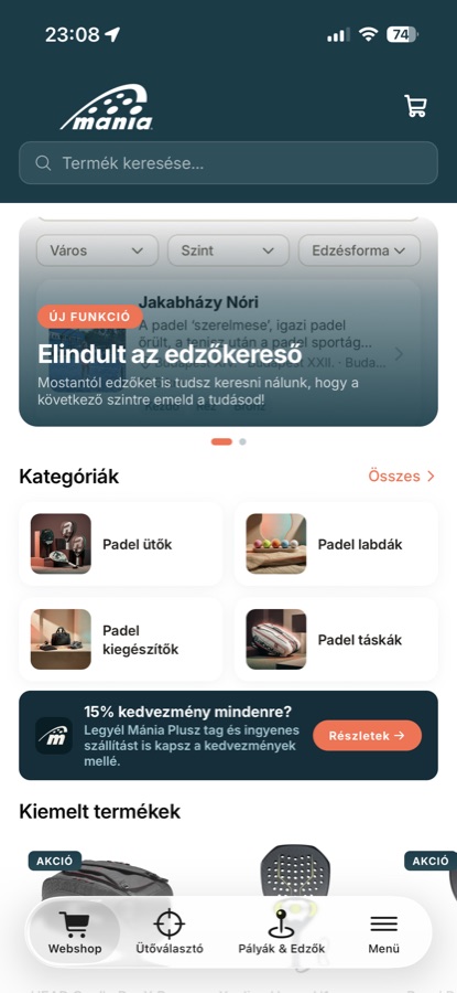 A Padel Mánia app webshop kezdőképernyője